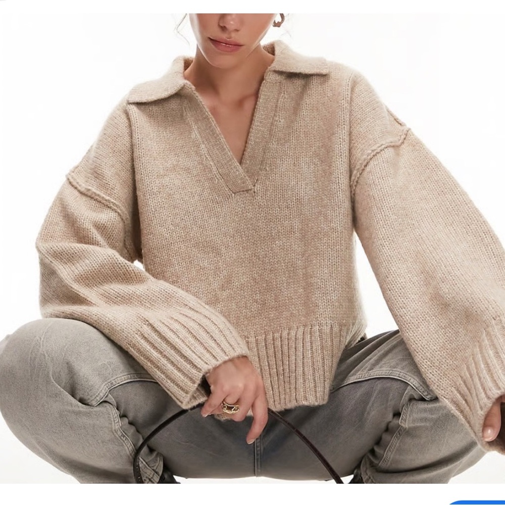 Topshop Beige V-Neck Sweater - Picture 2 of 13